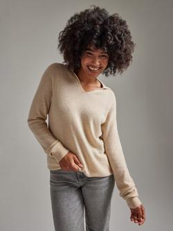 SALTS Unisex Split Neck Pure Cashmere Polo Jumper - view 2, Sand