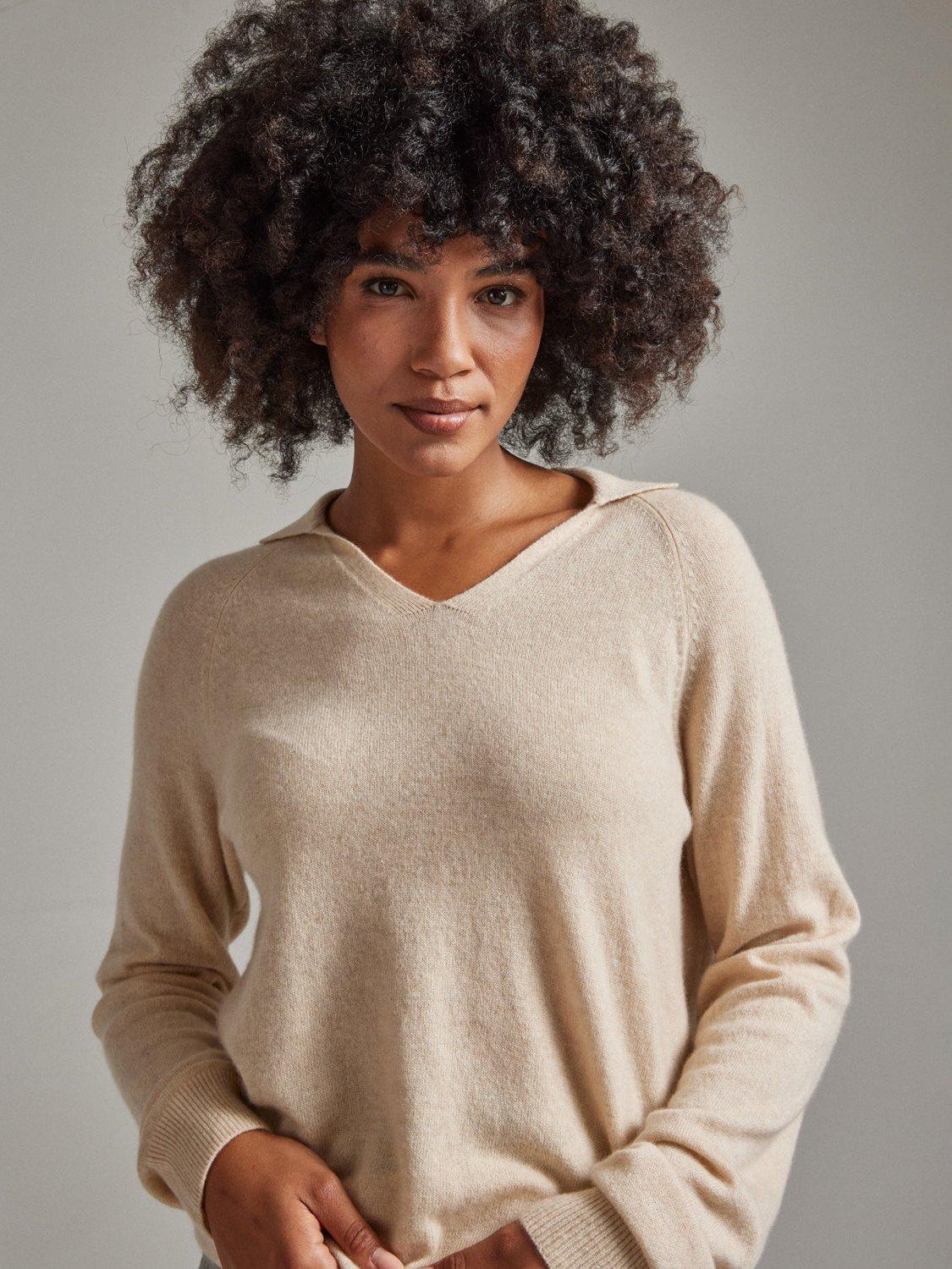 Product image 2 of 5, which shows SALTS Unisex Split Neck Pure Cashmere Polo Jumper, Sand, S