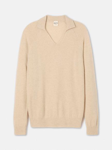 SALTS Unisex Split Neck Pure Cashmere Polo Jumper, Sand