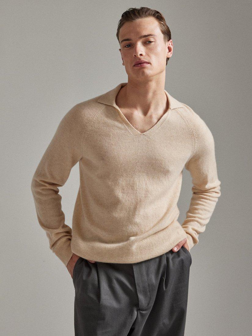 Product image 3 of 5, which shows SALTS Unisex Split Neck Pure Cashmere Polo Jumper, Sand, S