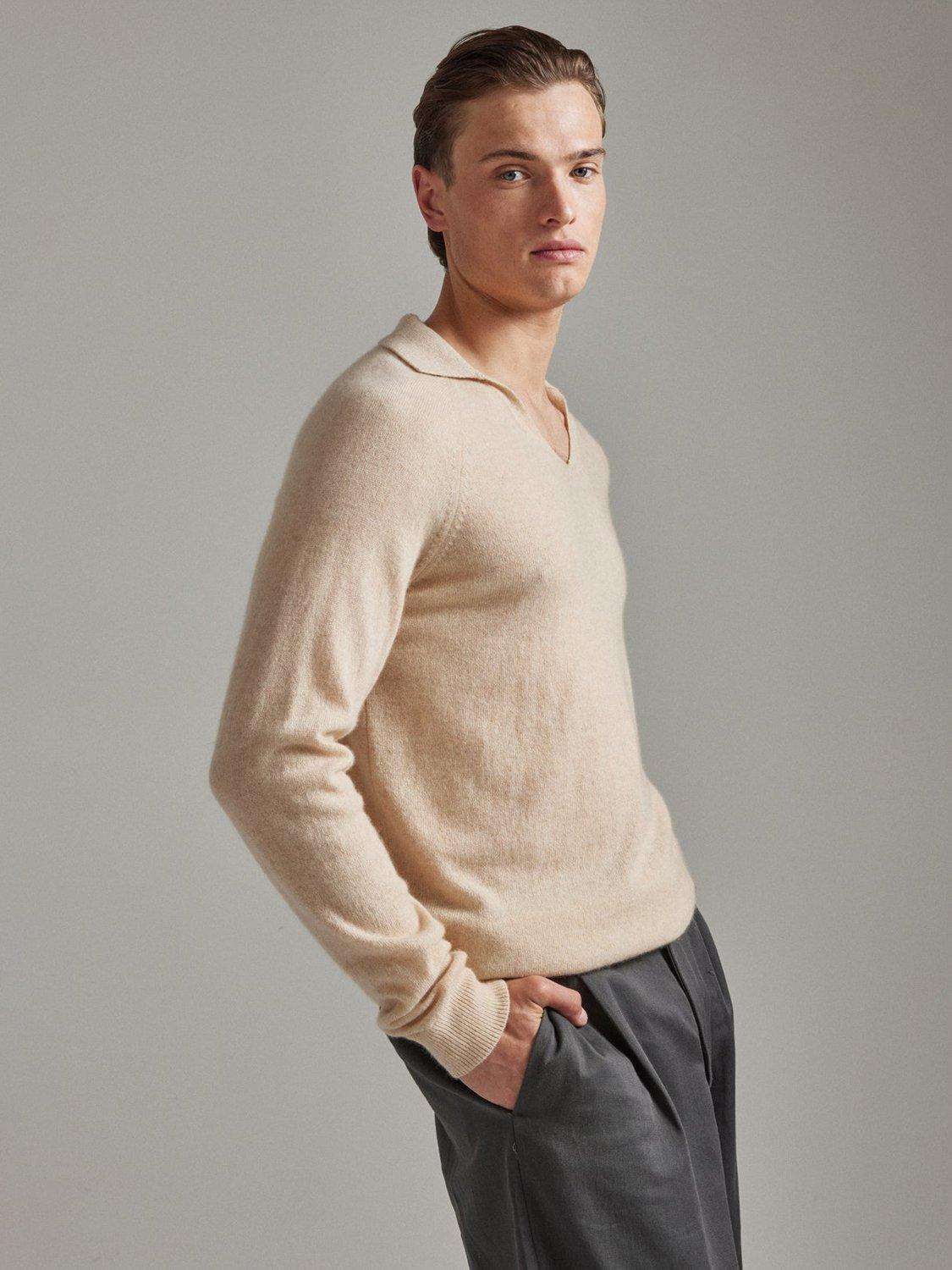 Product image 5 of 5, which shows SALTS Unisex Split Neck Pure Cashmere Polo Jumper, Sand, S