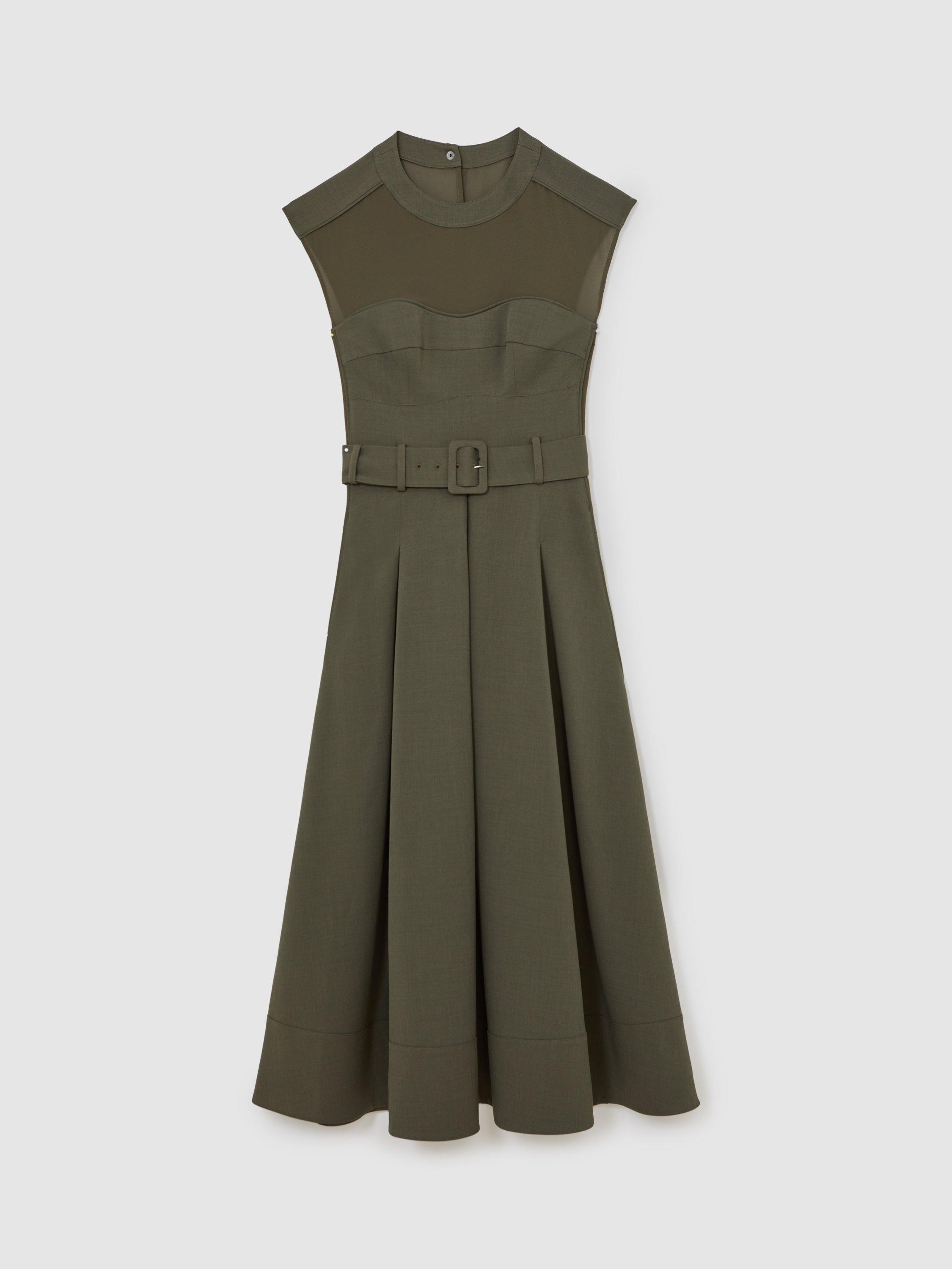 Product image 4 of 6, which shows Reiss Ava Belted Midi Dress, Khaki, 6