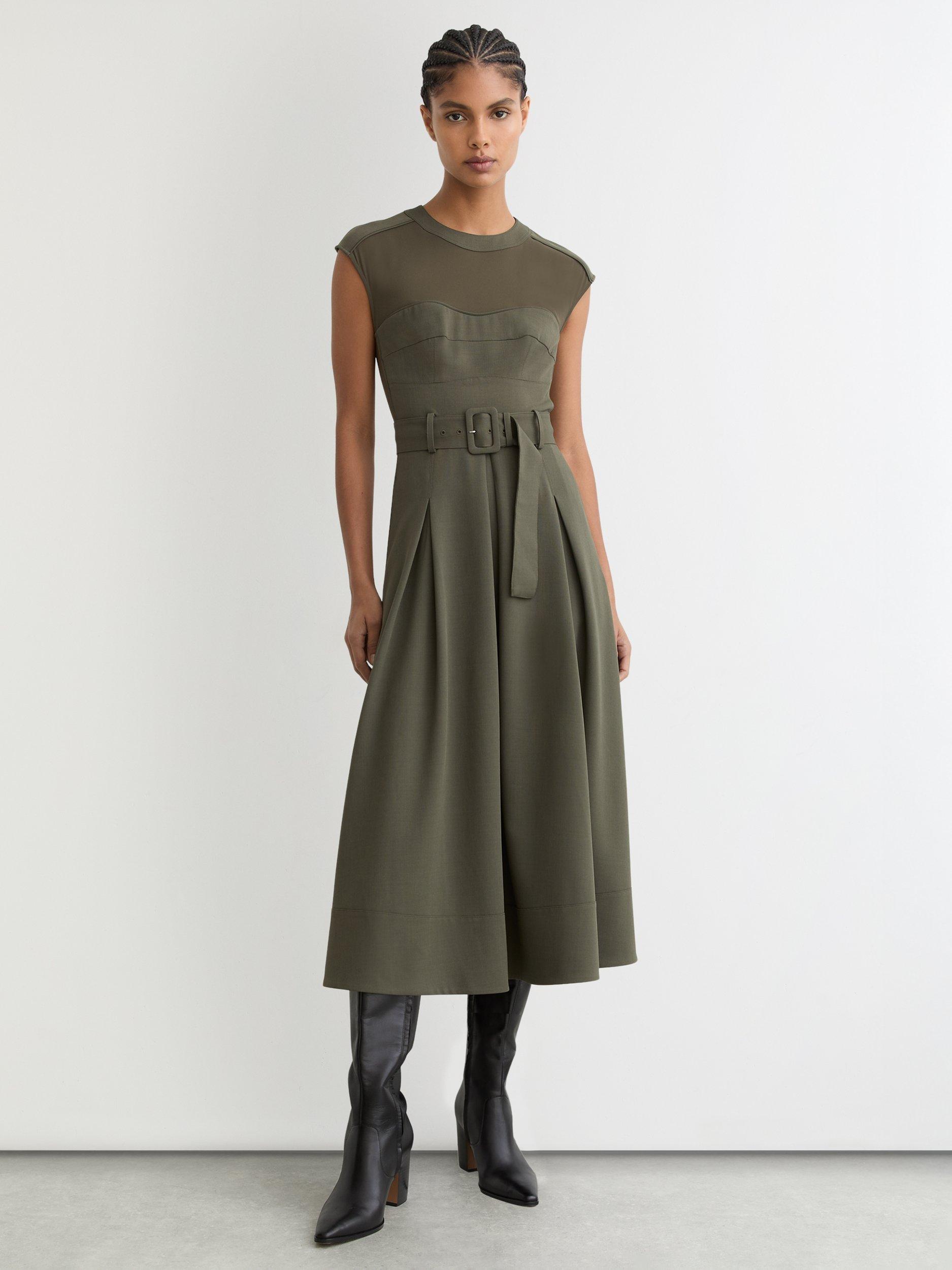 Product image 5 of 6, which shows Reiss Ava Belted Midi Dress, Khaki, 6