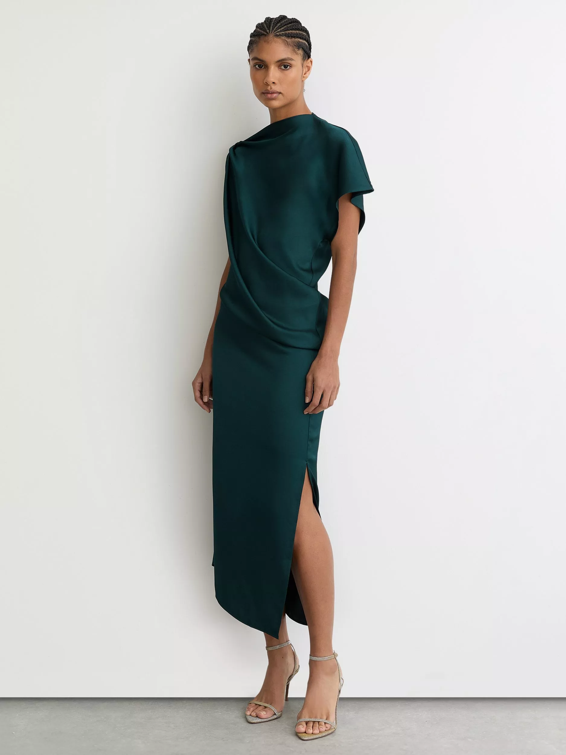 kenzie satin asymmetric draped midi dress in mauve Reiss Kenzie Satin Asymmetric Draped Midi Dress