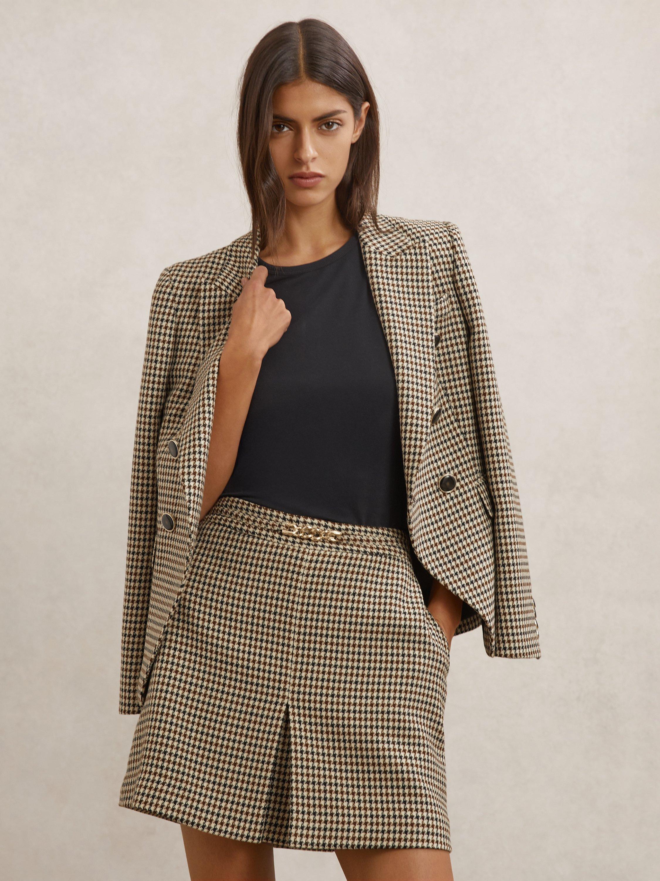 Product image 1 of 5, which shows Reiss Beatrix Check Wool Blend Mini Skirt, Neutral, 6