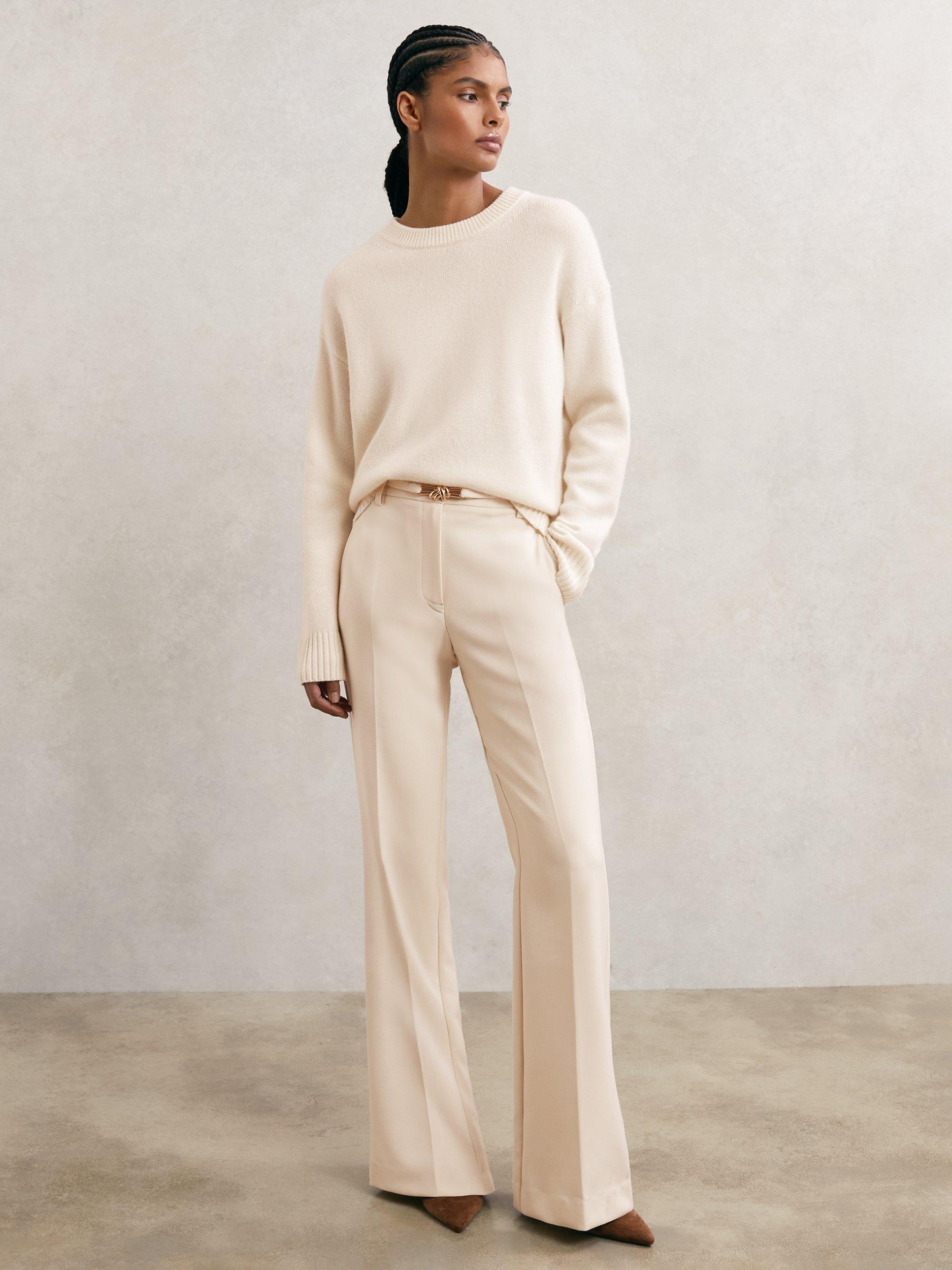 Product image 1 of 5, which shows Reiss Leona Rope Belt Flared Trousers, Cream, 6R
