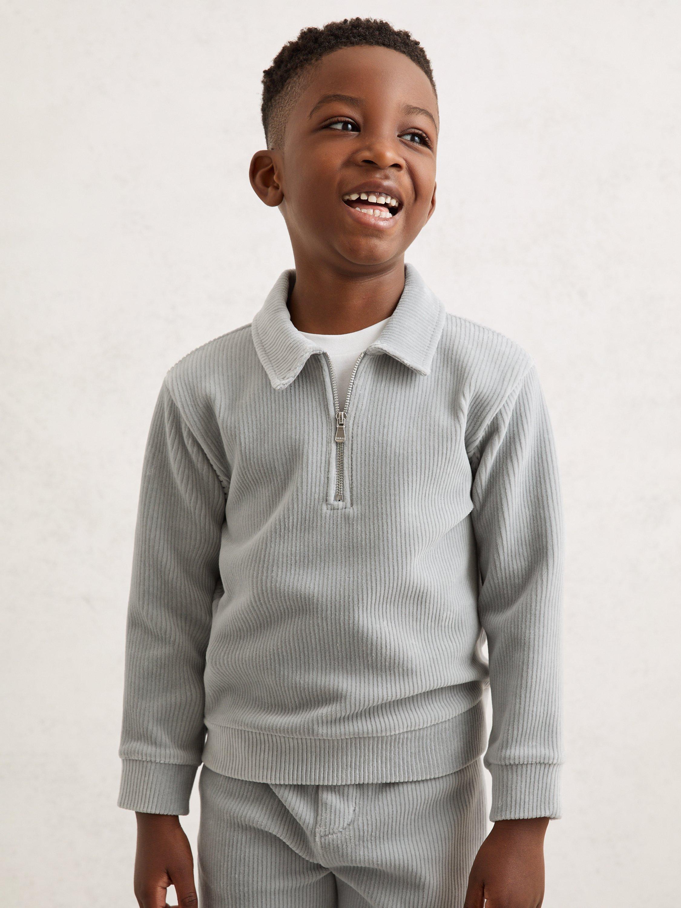 Product image 1 of 4, which shows Reiss Kids' Bert Cotton Blend Zip Neck Sweatshirt, Soft Grey, 3-4 years