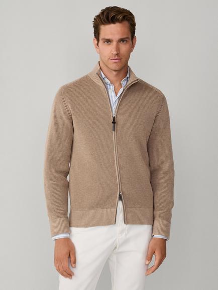 Hackett London Merino Wool with Cotton Zip-Through Cardigan, Malt Beige, Malt Beige