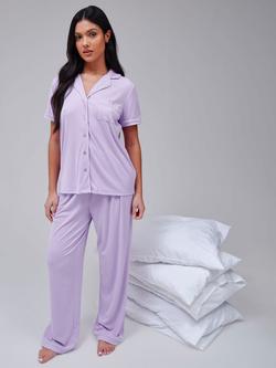 Loungeable Ribbed Jersey Button Down Long Pyjama Set, Lilac