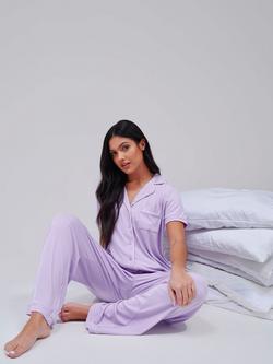 Loungeable Ribbed Jersey Button Down Long Pyjama Set - view 2, Lilac