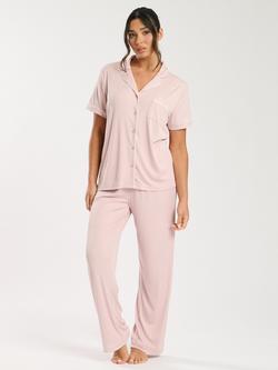 Loungeable Contrast Piping Button Down Long Pyjama Set, Pink, Pink