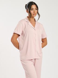 Loungeable Contrast Piping Button Down Long Pyjama Set, Pink - view 2, Pink