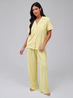 Loungeable Ribbed Jersey Button Down Long Pyjama Set, Yellow