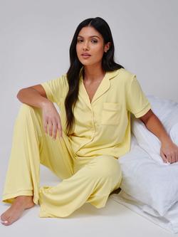 Loungeable Ribbed Jersey Button Down Long Pyjama Set - view 2, Yellow