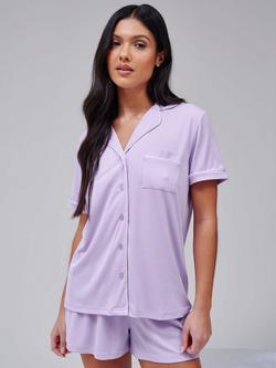 Loungeable Ribbed Jersey Button Down Short Pyjama Set, Lilac