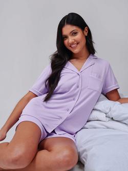 Loungeable Ribbed Jersey Button Down Short Pyjama Set - view 2, Lilac