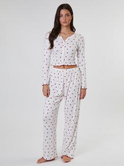 Loungeable Cherry Print Ribbed Button Down Long Pyjama Set, White, White