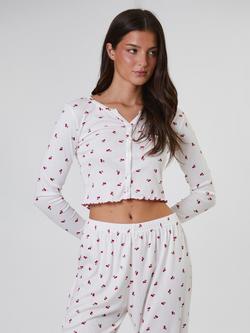 Loungeable Cherry Print Ribbed Button Down Long Pyjama Set, White - view 2, White