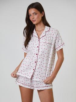 Loungeable Cherry Print Dobby Button Down Short Pyjama Set, White, White