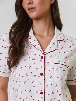 Loungeable Cherry Print Dobby Button Down Short Pyjama Set, White - view 2, White