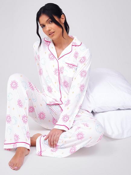Loungeable Celestial Button Down Long Pyjama Set, Multi - view 2, Multi