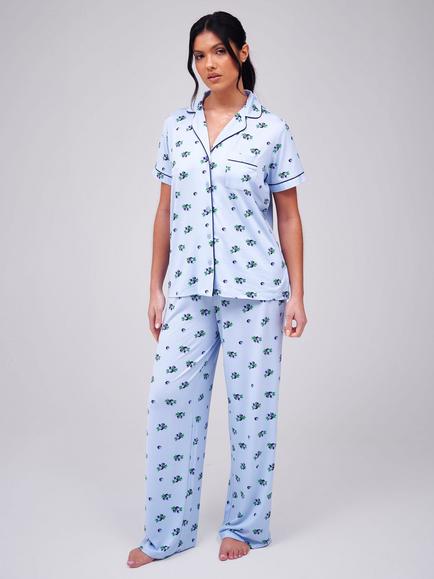 Loungeable Blueberry Print Button Down Long Pyjama Set, Blue, Blue