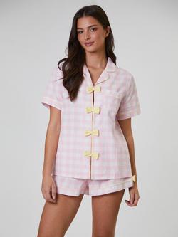 Loungeable Gingham Bow Front Short Pyjama Set, Pink, Pink