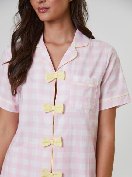Loungeable Gingham Bow Front Short Pyjama Set, Pink - view 2, Pink