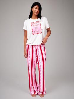 Loungeable Striped Trousers & Short Sleeve Slogan Top Pyjama Set, Pink, Pink
