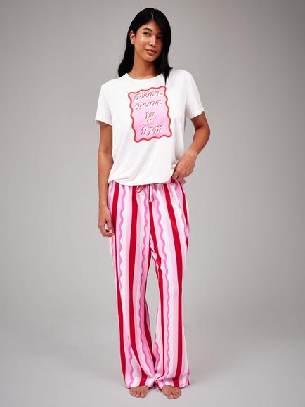Loungeable Striped Trousers & Short Sleeve Slogan Top Pyjama Set, Pink, Pink