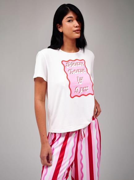 Loungeable Striped Trousers & Short Sleeve Slogan Top Pyjama Set, Pink - view 2, Pink