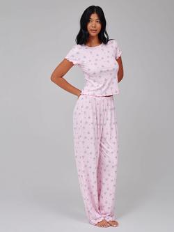 Loungeable Floral Short Sleeve Long Pyjama Set, Pink/Multi, Pink/Multi