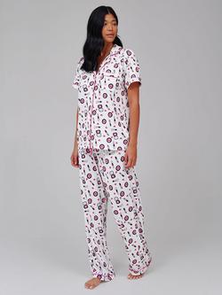 Loungeable Button Through Long Pyjama Set, Pink/Multi, Pink/Multi