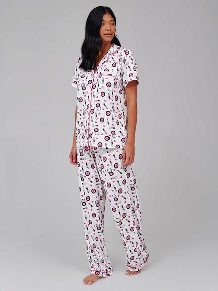Loungeable Button Through Long Pyjama Set, Pink/Multi, Pink/Multi