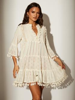 South Beach Embroidered V-Neck Tassel Mini Dress, Cream, Cream