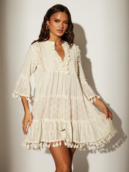 South Beach Embroidered V-Neck Tassel Mini Dress, Cream, Cream