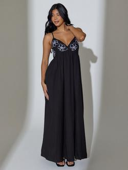 South Beach Embroidered Flower Tie Shoulder Maxi Dress, Black, Black
