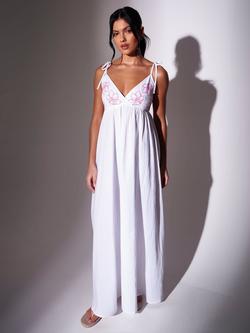 South Beach Embroidered V-Neck Tie Strap Maxi Dress, White/Pink, White/Pink