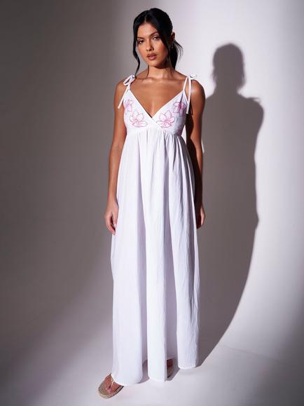 South Beach Embroidered V-Neck Tie Strap Maxi Dress, White/Pink, White/Pink