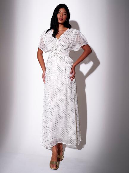South Beach Polka Dot Button Front Maxi Dress, White/Multi, White/Multi