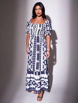 South Beach Puff Sleeve Jaqaurd Maxi Dress, Blue/White, Blue/White