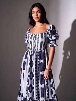 South Beach Puff Sleeve Jaqaurd Maxi Dress, Blue/White - view 2, Blue/White