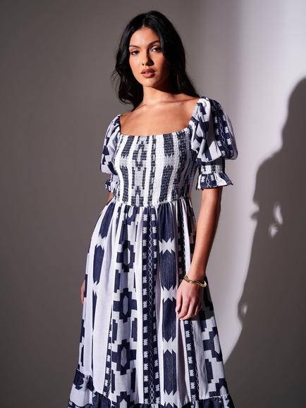 South Beach Puff Sleeve Jaqaurd Maxi Dress, Blue/White - view 2, Blue/White