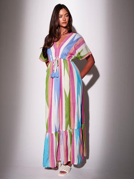 South Beach Stripe Jacquard Maxi Short Sleeve Dress, Multi, Multi