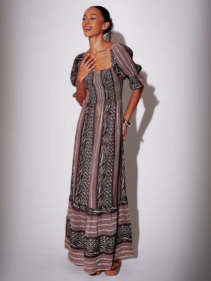 South Beach Leopard Smocked Puff Sleeve Tiered Maxi Dress, Multi, Multi