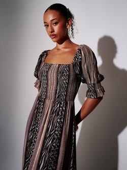 South Beach Leopard Smocked Puff Sleeve Tiered Maxi Dress, Multi - view 2, Multi