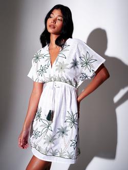 South Beach Embroidered Palm Tree Empire Waist Mini Dress, White - view 2, White