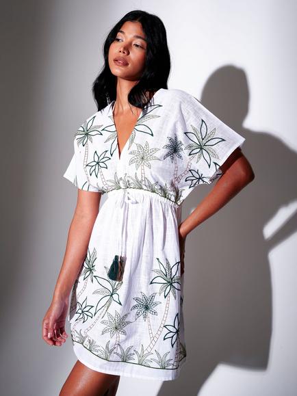 South Beach Embroidered Palm Tree Empire Waist Mini Dress, White - view 2, White