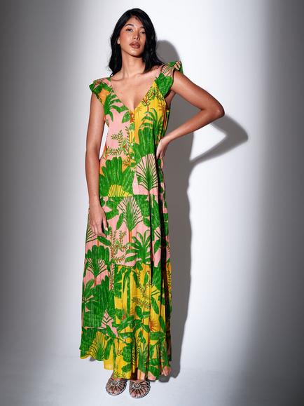 South Beach Metallic Stripe Printed Button Front Tiered Maxi Dress, Multi, Multi