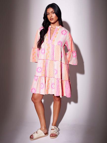 South Beach Jaquard Long Sleeve Mini Dress, Multi, Multi